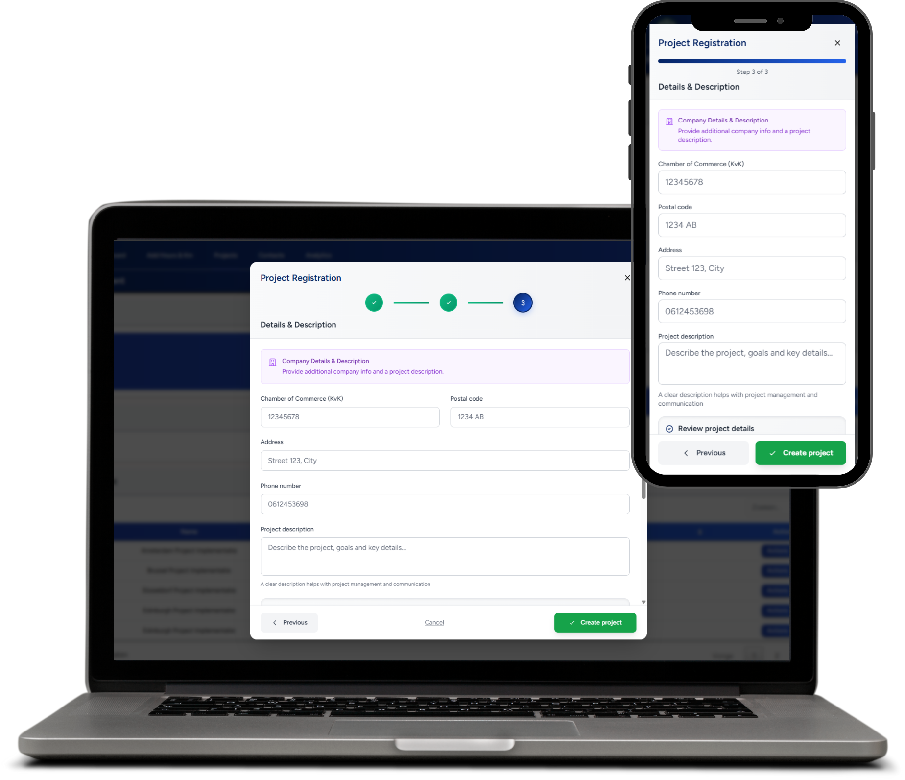 Projectbeheer dashboard met overzicht van uren en kilometers per project